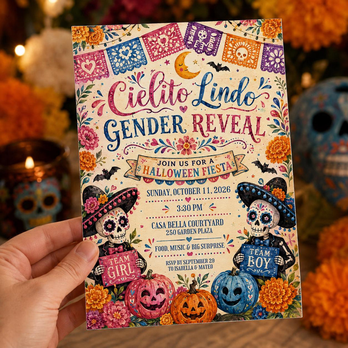 Pink and Blue Fiesta Baby Gender Reveal Invitation — print-ready gender reveal design from VoltBy