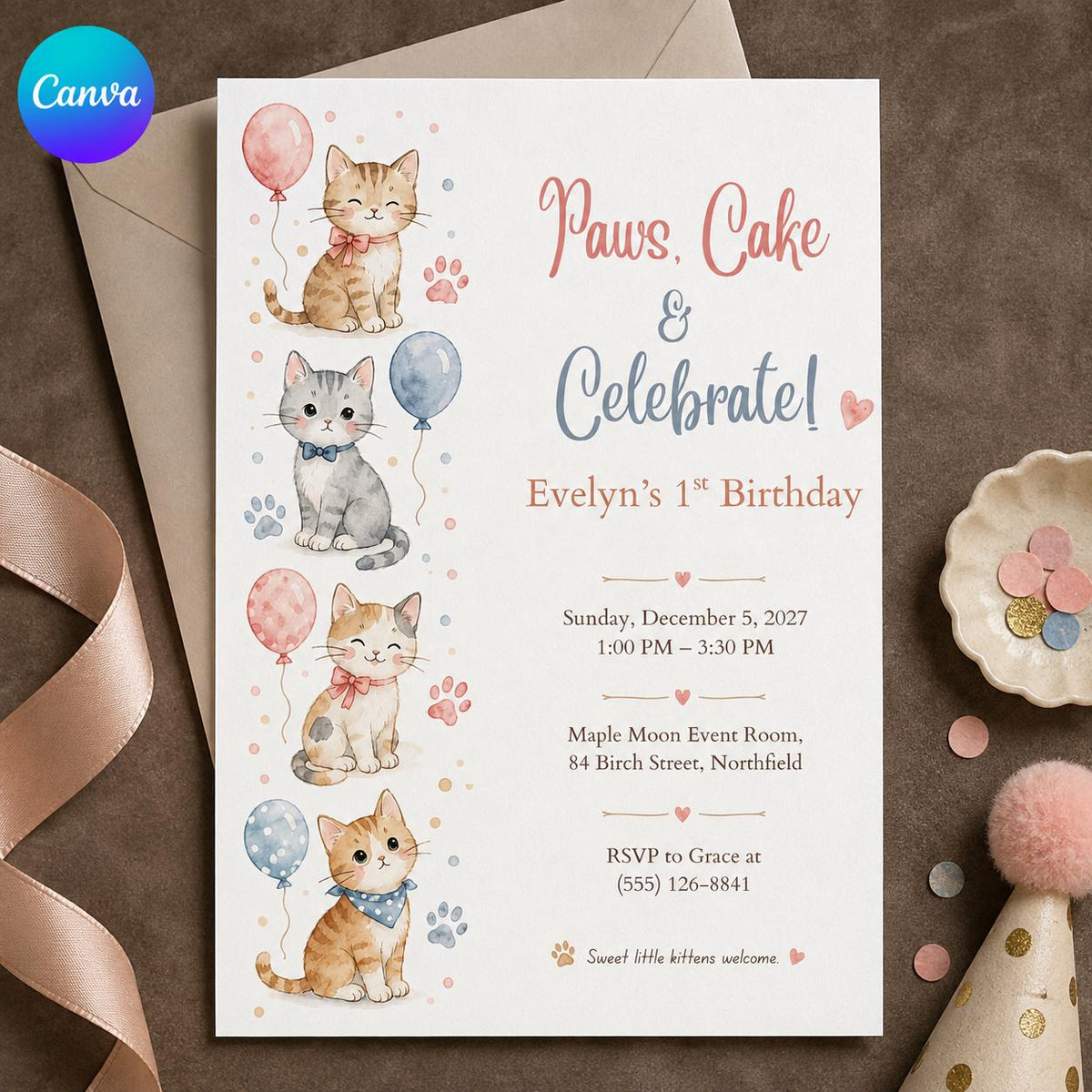 Pink and Blue First Birthday Cat Invitation — editable Canva template