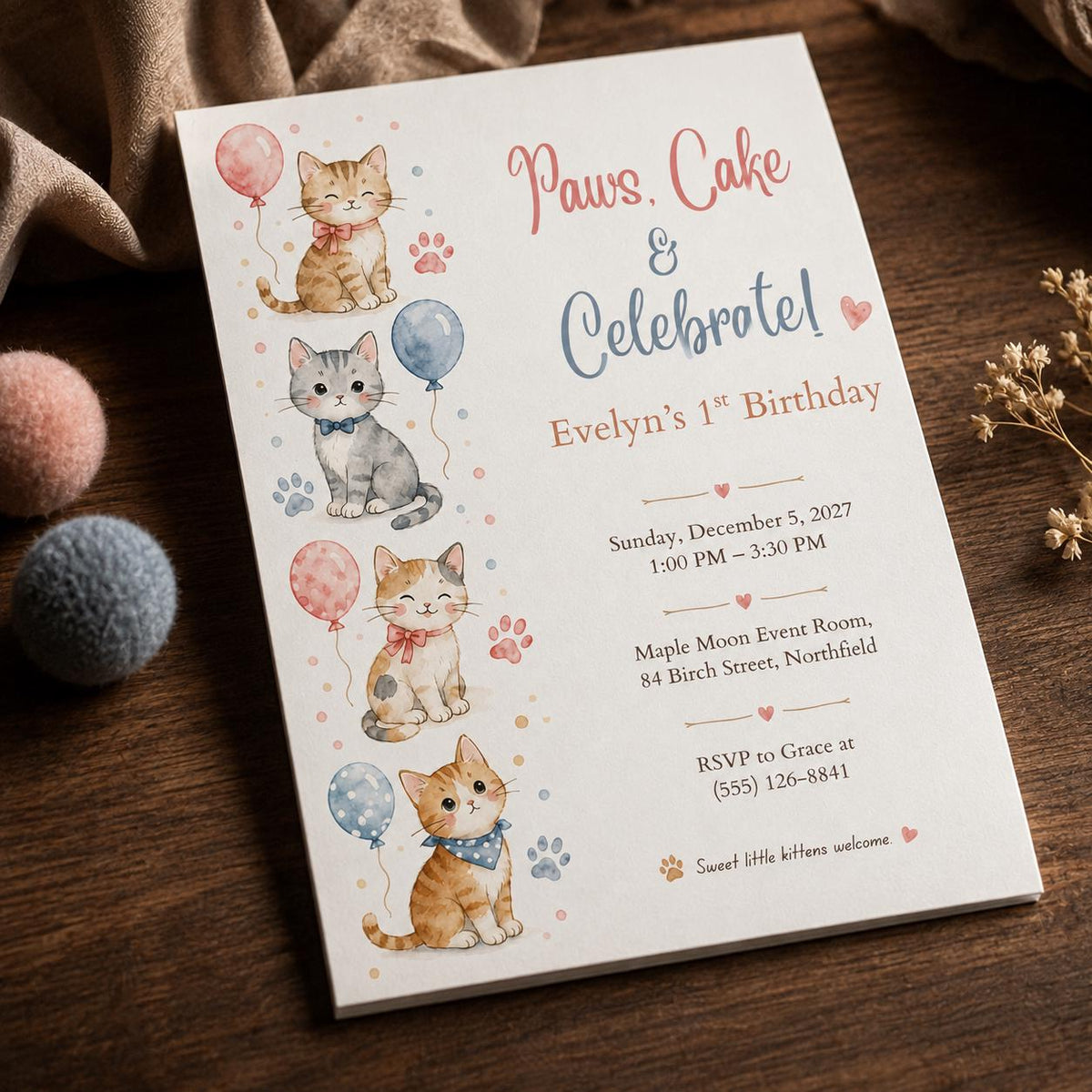 Pink and Blue First Birthday Cat Invitation — watercolor first birthday design
