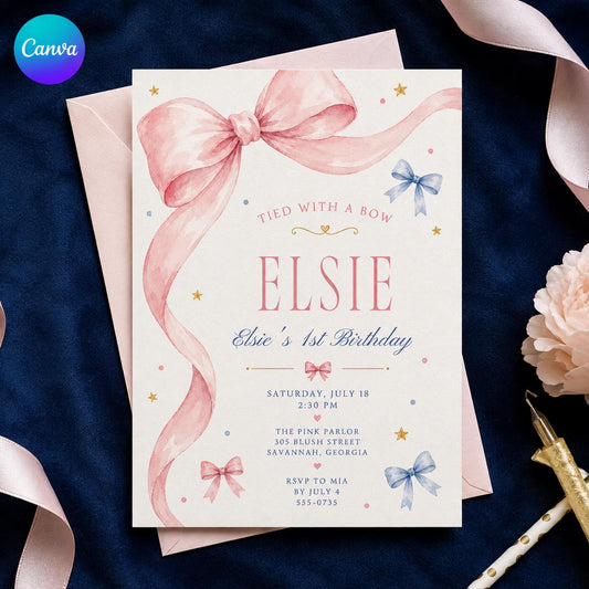 Pink and Blue First Birthday Invitation for Girls — editable Canva template