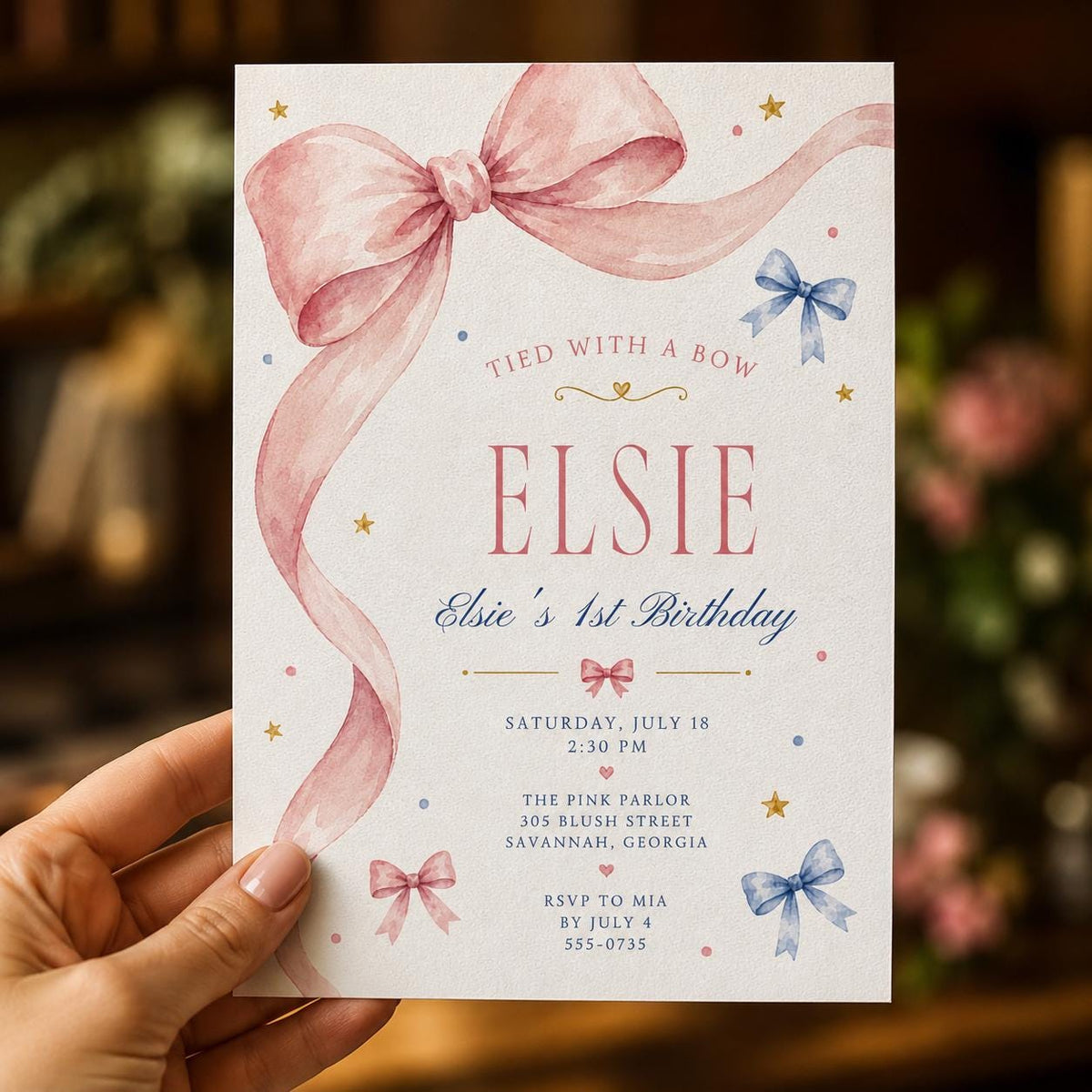 Pink and Blue First Birthday Invitation for Girls — invitation you personalize in Canva