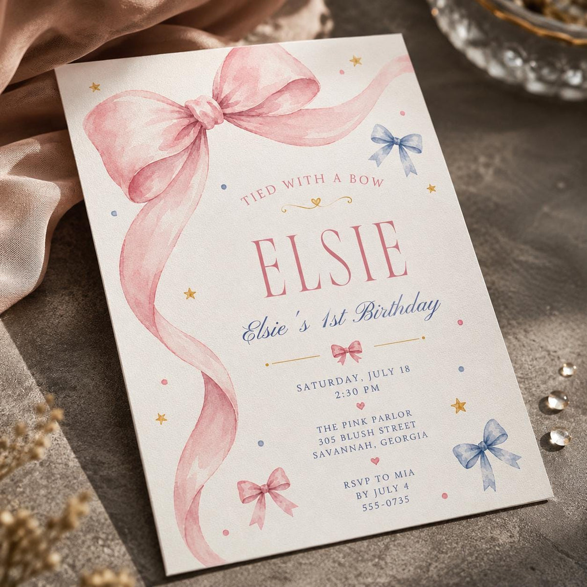 Pink and Blue First Birthday Invitation for Girls — print-ready first birthday design from VoltBy