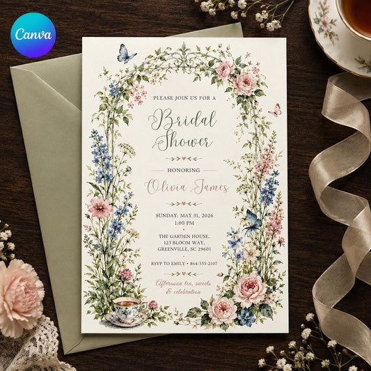 Pink and Blue Floral Bridal Shower Invitation — editable Canva template