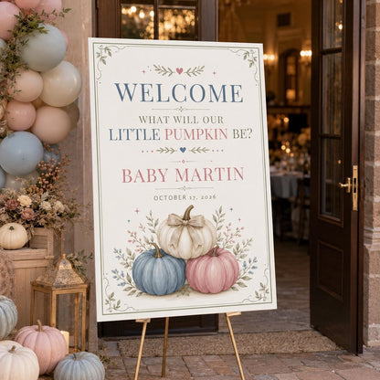 Pink and Blue Gender Reveal Welcome Sign — pumpkin design