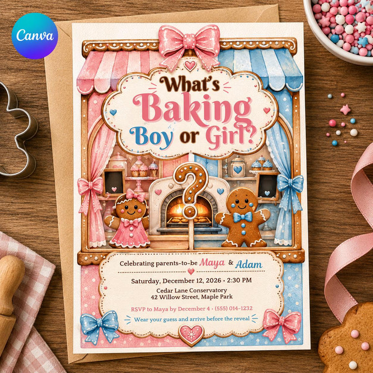 Pink and Blue Gingerbread Gender Reveal Invitation for Girls