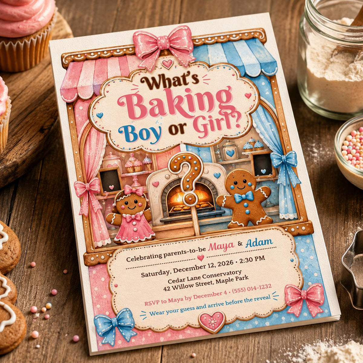 Pink and Blue Gingerbread Gender Reveal Invitation for Girls — digital invitation, instant download