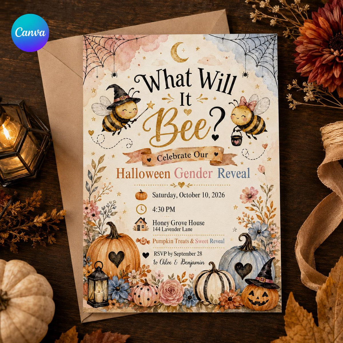 Pink and Blue Halloween Bee Gender Reveal Invitation — editable Canva template