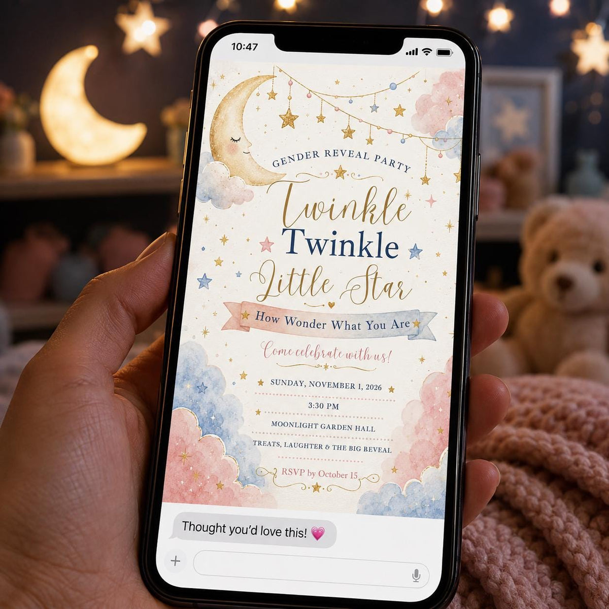 Pink and Blue Moon and Stars Gender Reveal Invitation — celestial design