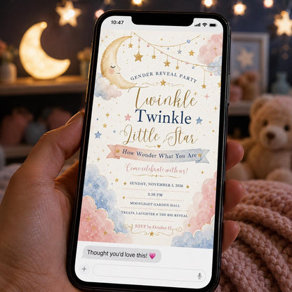 Pink and Blue Moon and Stars Gender Reveal Invitation — celestial design