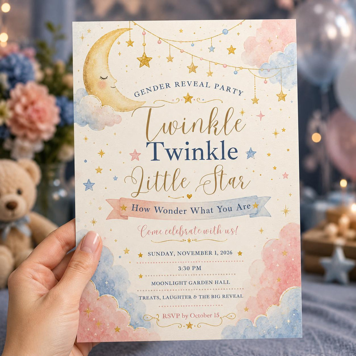 Pink and Blue Moon and Stars Gender Reveal Invitation — invitation you personalize in Canva