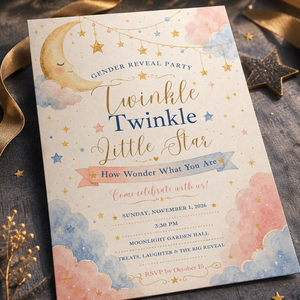 Pink and Blue Moon and Stars Gender Reveal Invitation — print-ready gender reveal design from VoltBy