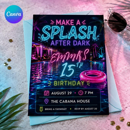 Pink and Blue Neon Pool Party 15th Birthday Invitation — editable Canva template