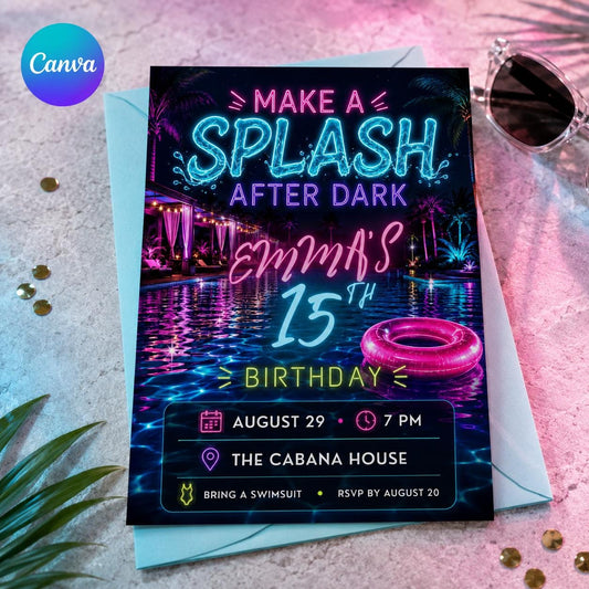 Pink and Blue Neon Pool Party 15th Birthday Invitation — editable Canva template