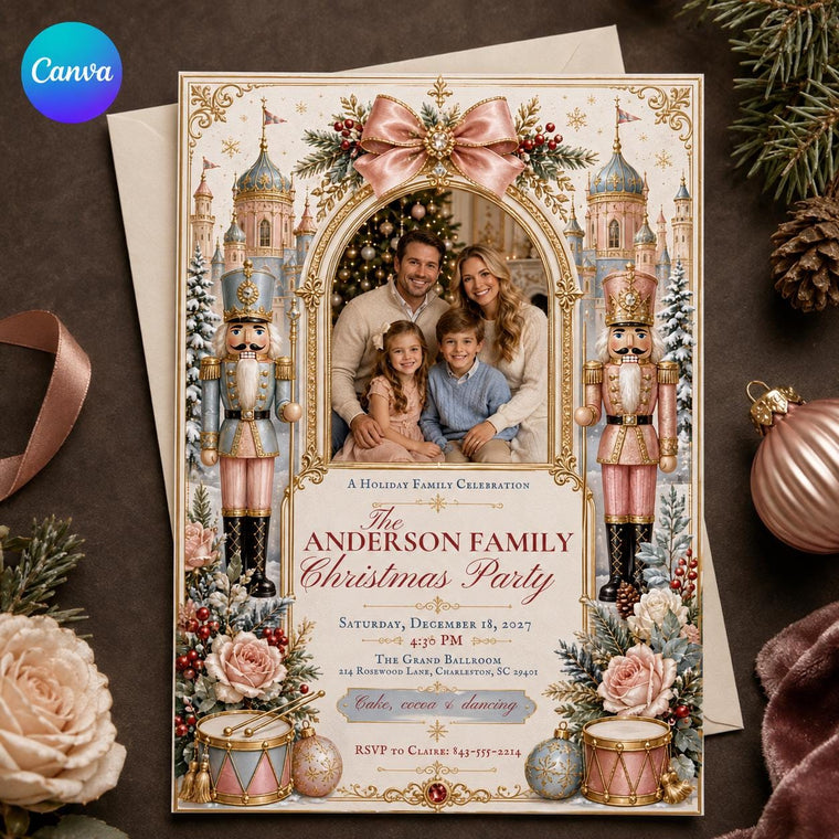 Pink and Blue Nutcracker Christmas Party Invitation