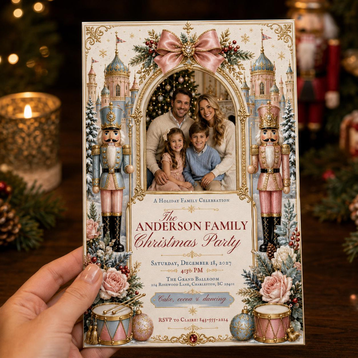 Pink and Blue Nutcracker Christmas Party Invitation — print-ready Christmas celebration design from VoltBy