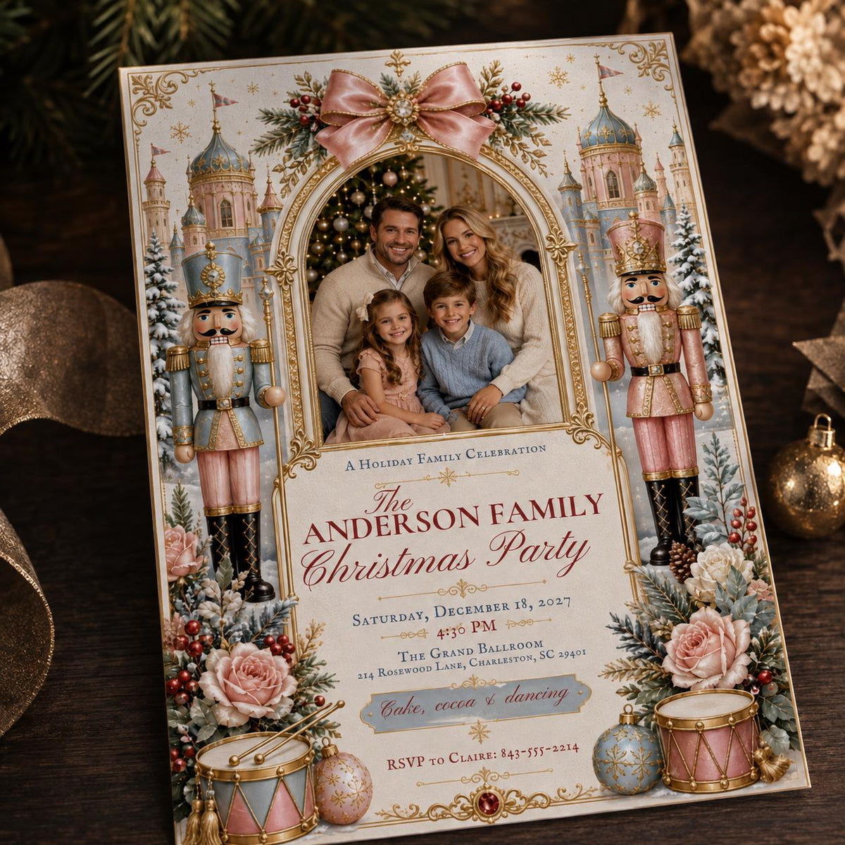 Pink and Blue Nutcracker Christmas Party Invitation — Christmas celebration stationery by VoltBy