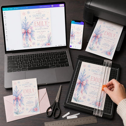 Pink and Blue Snowflake First Birthday Invitation for Girls — print-ready first birthday design from VoltBy