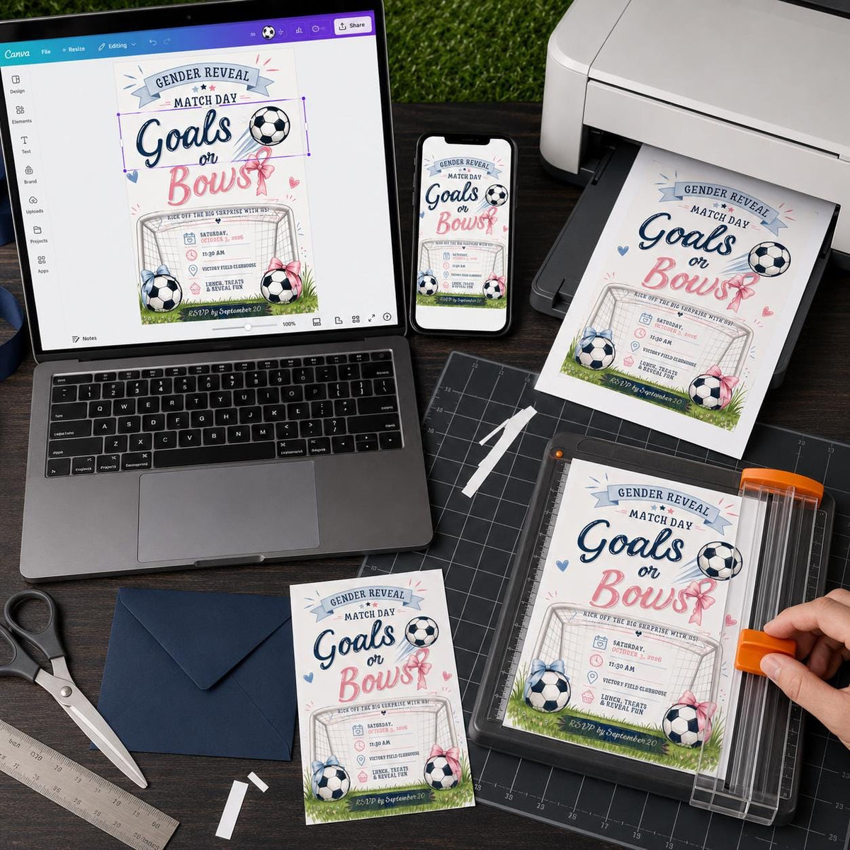 Pink and Blue Soccer Gender Reveal Invitation — bow design
