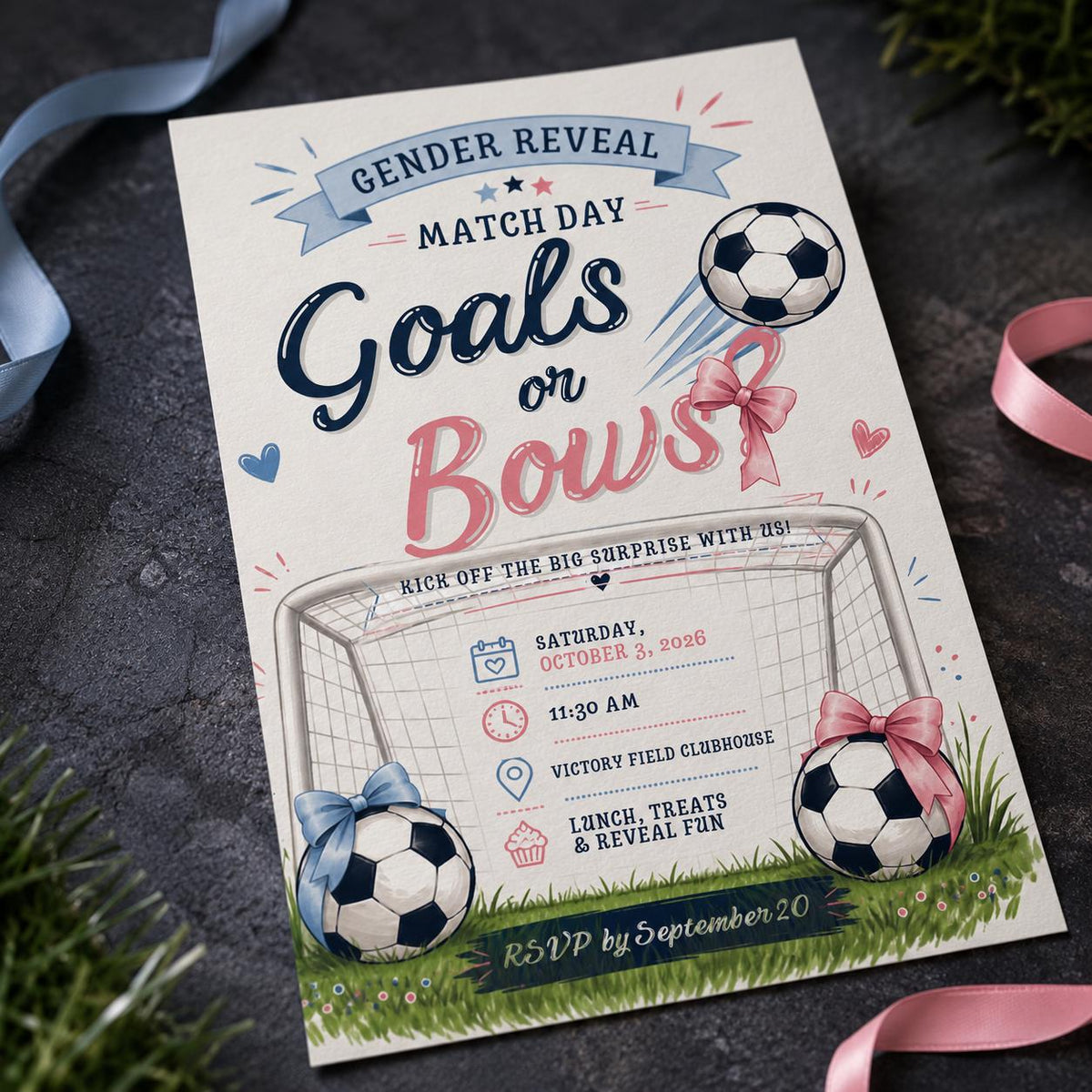 Pink and Blue Soccer Gender Reveal Invitation — invitation you personalize in Canva