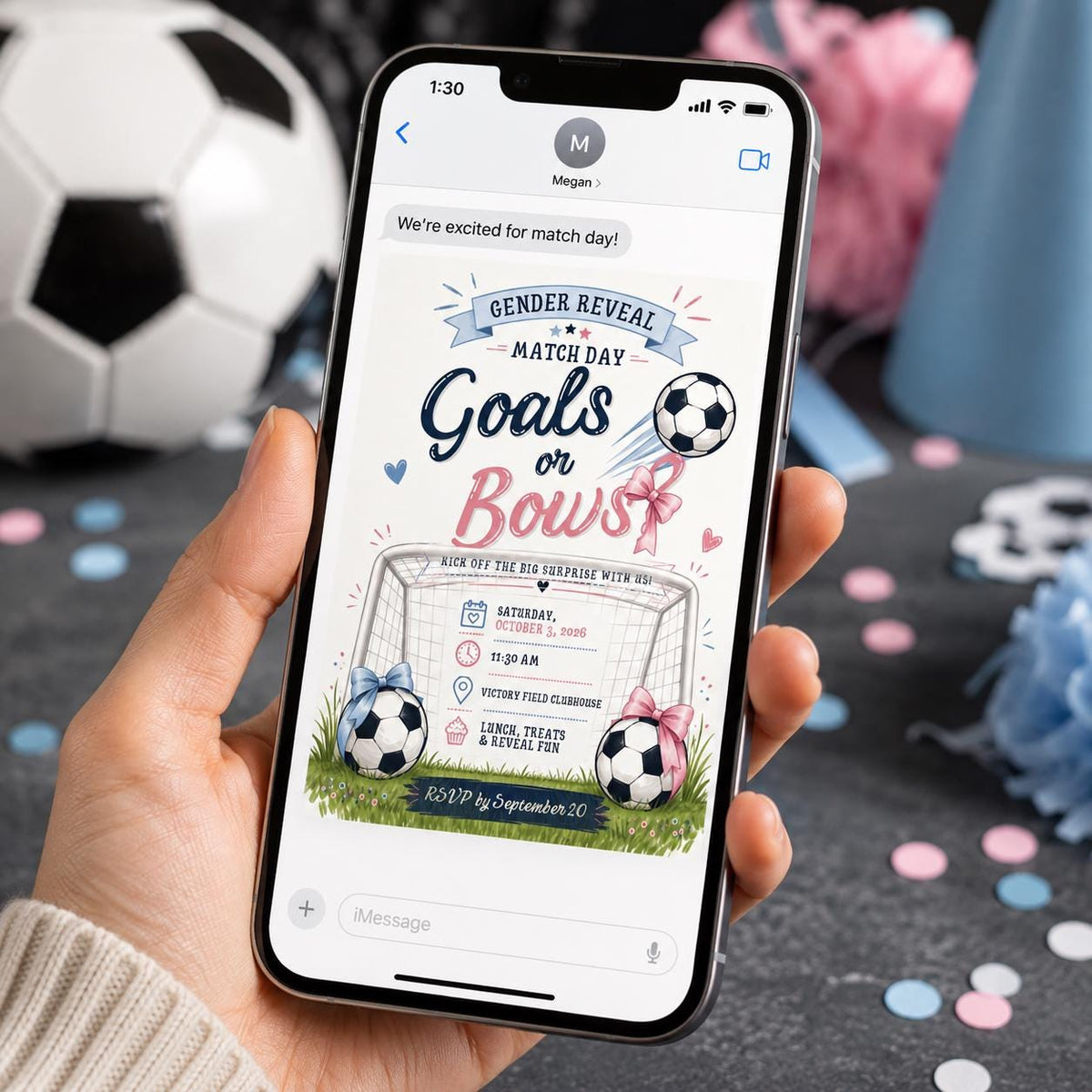 Pink and Blue Soccer Gender Reveal Invitation — print-ready gender reveal design from VoltBy