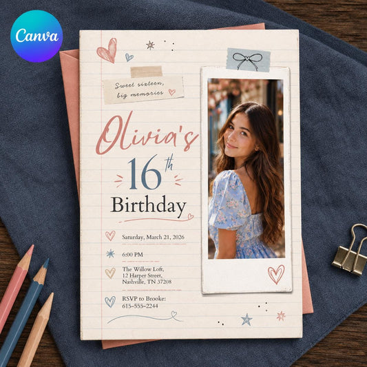 Pink and Blue Sweet 16 Photo Invitation for Girls — editable Canva template