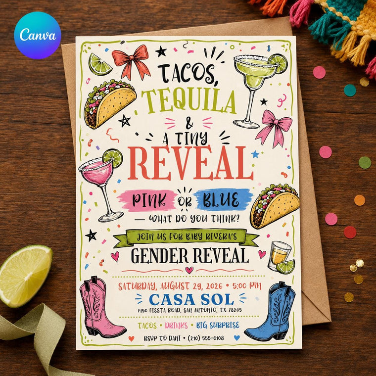 Pink and Blue Tacos Tequila and Tiny Gender Reveal Invitation