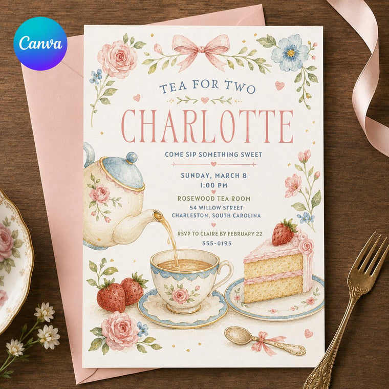 Pink and Blue Tea for Two Birthday Invitation for Girls