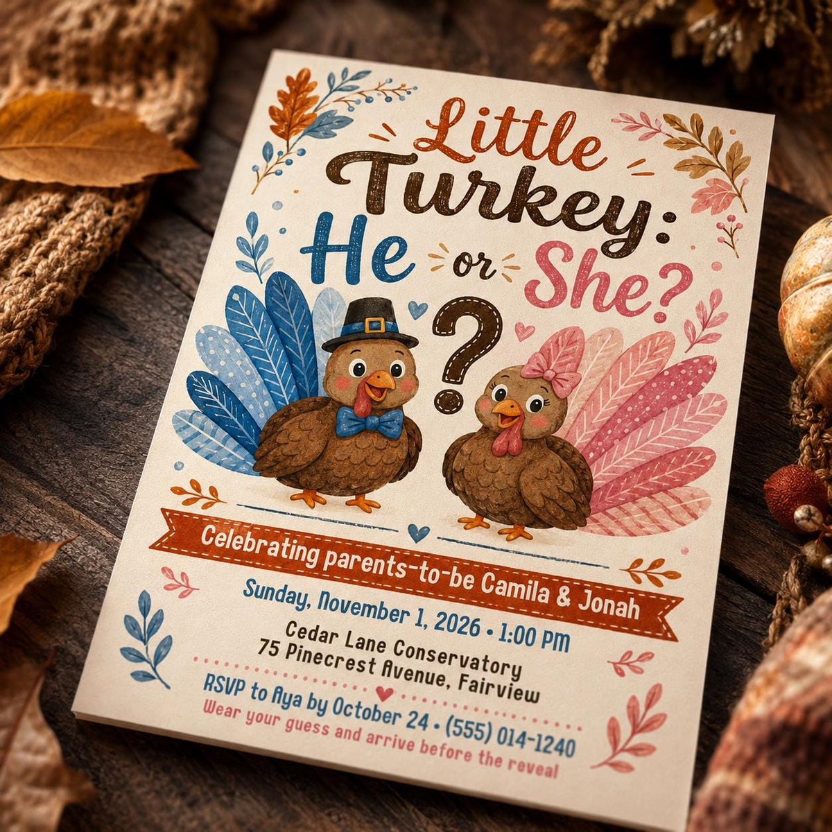 Pink and Blue Turkey Gender Reveal Invitation — invitation you personalize in Canva