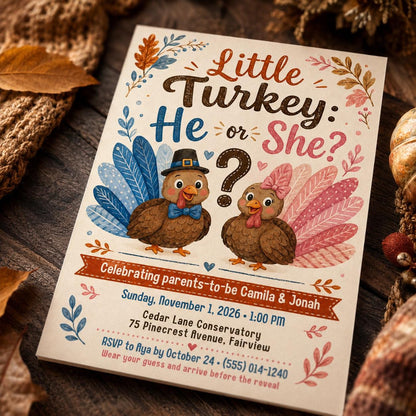 Pink and Blue Turkey Gender Reveal Invitation — invitation you personalize in Canva