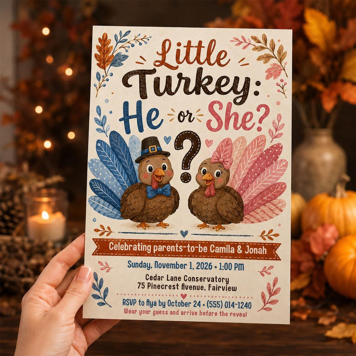 Pink and Blue Turkey Gender Reveal Invitation — digital invitation, instant download