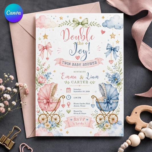 Pink and Blue Twin Baby Shower Invitation — editable Canva template
