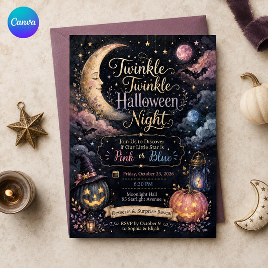 Pink and Blue Twinkle Halloween Gender Reveal Invitation — editable Canva template