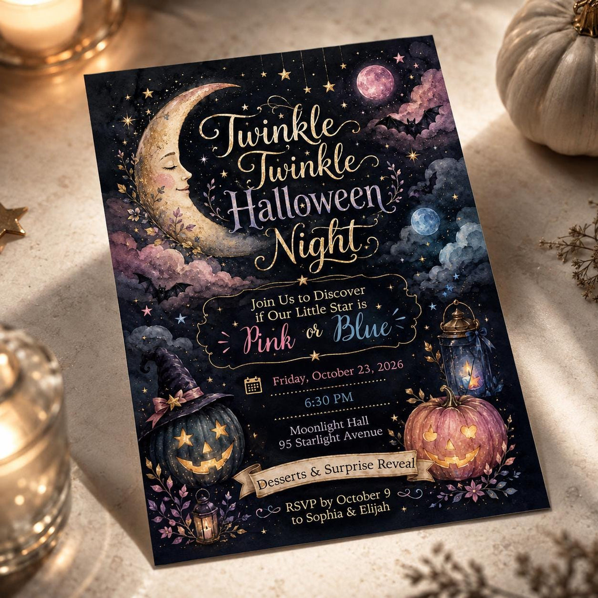 Pink and Blue Twinkle Halloween Gender Reveal Invitation — celestial design