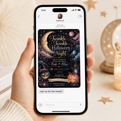 Pink and Blue Twinkle Halloween Gender Reveal Invitation — invitation you personalize in Canva