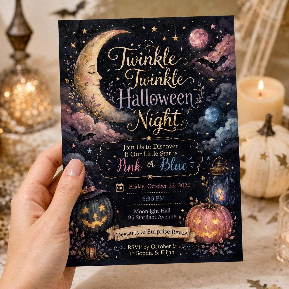 Pink and Blue Twinkle Halloween Gender Reveal Invitation — celestial gender reveal design
