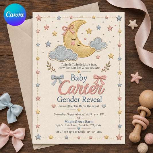 Pink and Blue Twinkle Little Star Gender Reveal Invitation — editable Canva template