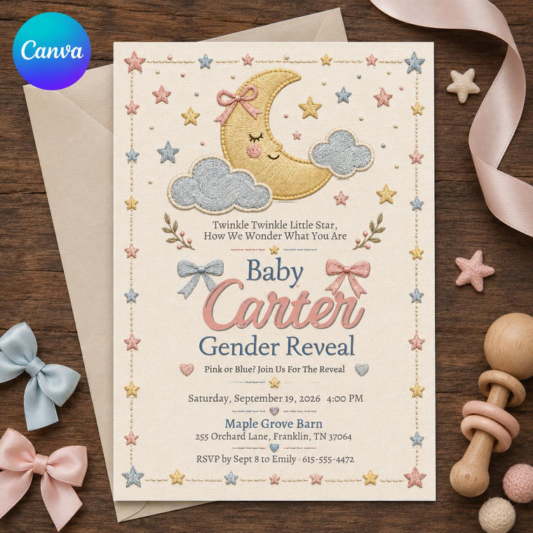 Pink and Blue Twinkle Little Star Gender Reveal Invitation: Embroidered Moon and Stars