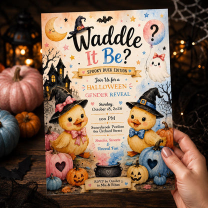 Pink and Blue Waddle It Be Gender Reveal Invitation — invitation you personalize in Canva