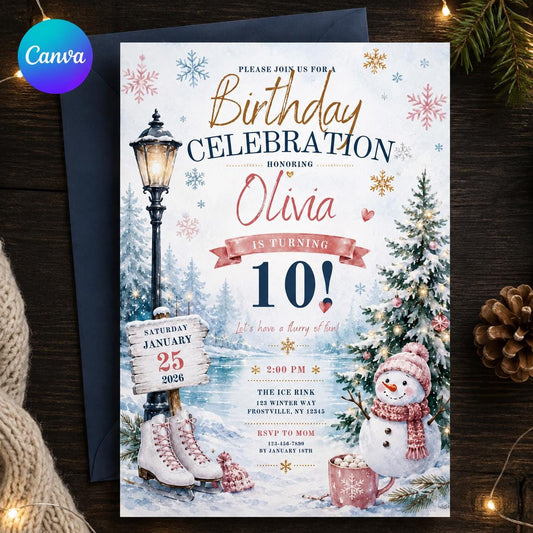 Pink and Blue Winter Ice Skating 10th Birthday Invitation for Girls — editable Canva template