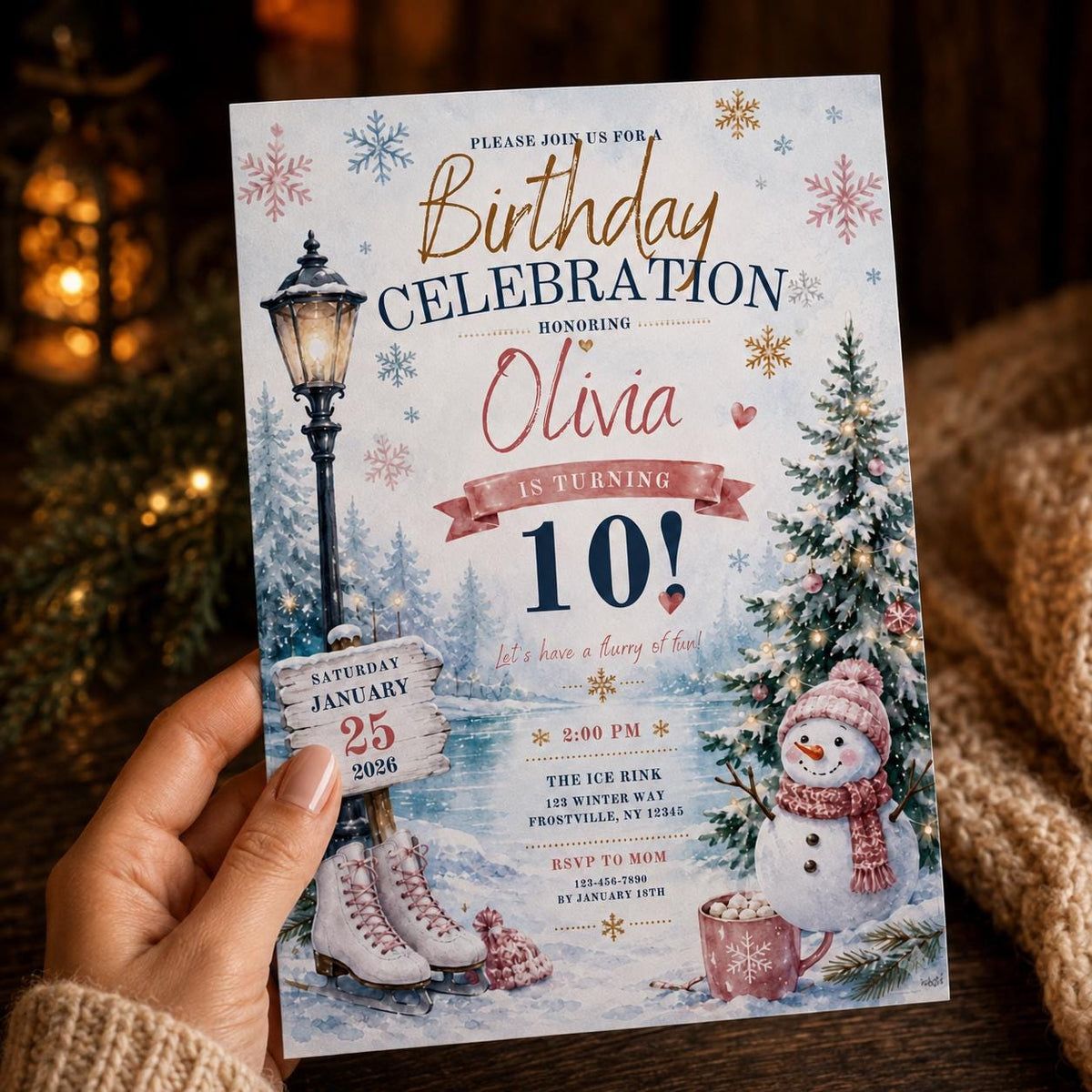 Pink and Blue Winter Ice Skating 10th Birthday Invitation for Girls — invitation you personalize in Canva