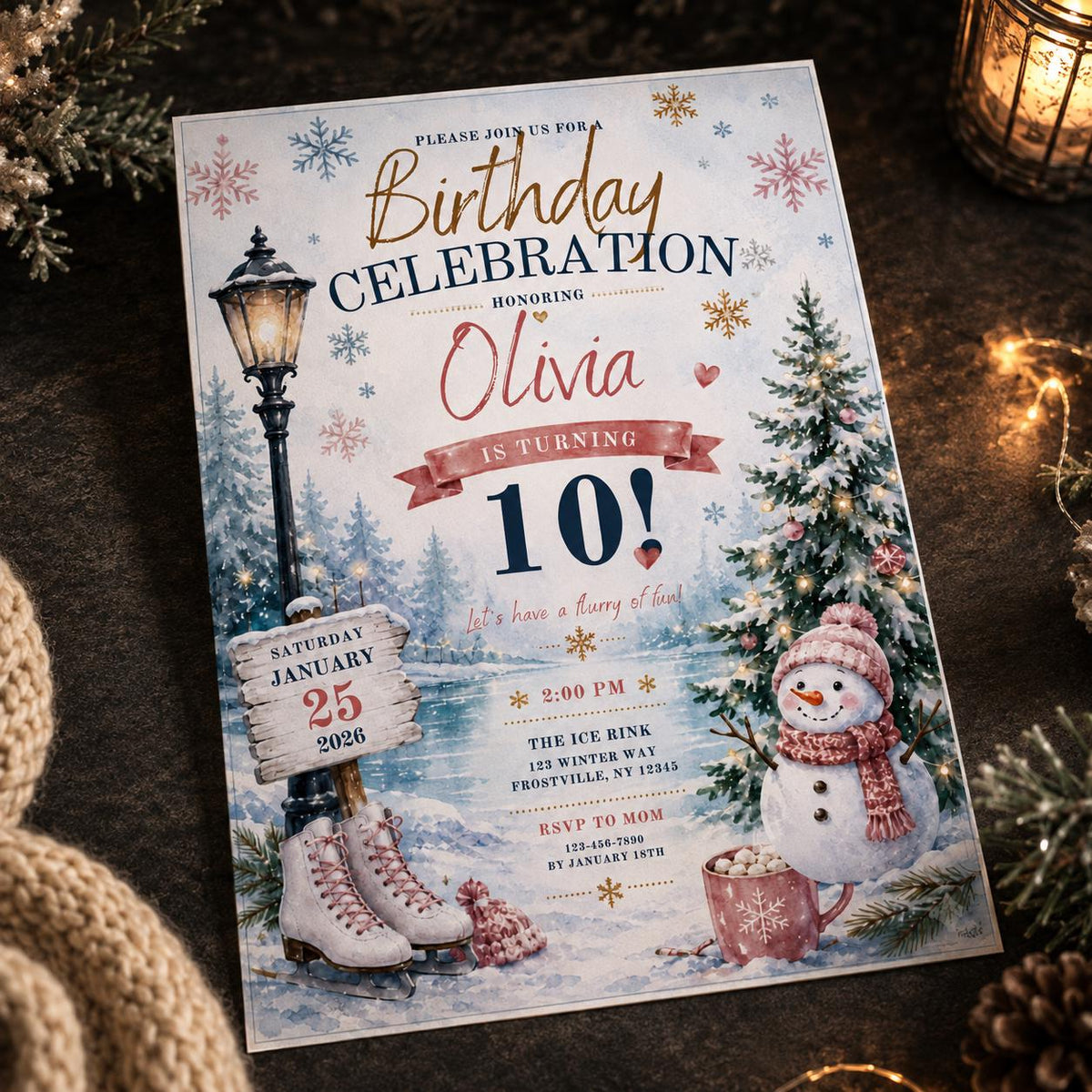 Pink and Blue Winter Ice Skating 10th Birthday Invitation for Girls — digital invitation, instant download