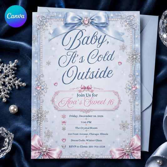 Pink and Blue Winter Wonderland Sweet 16 Invitation — editable Canva template