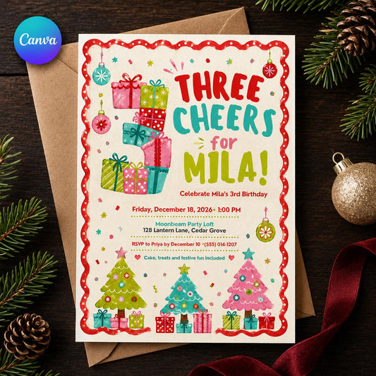 Pink and Colorful Christmas 3rd Birthday Invitation for Girls — editable Canva template