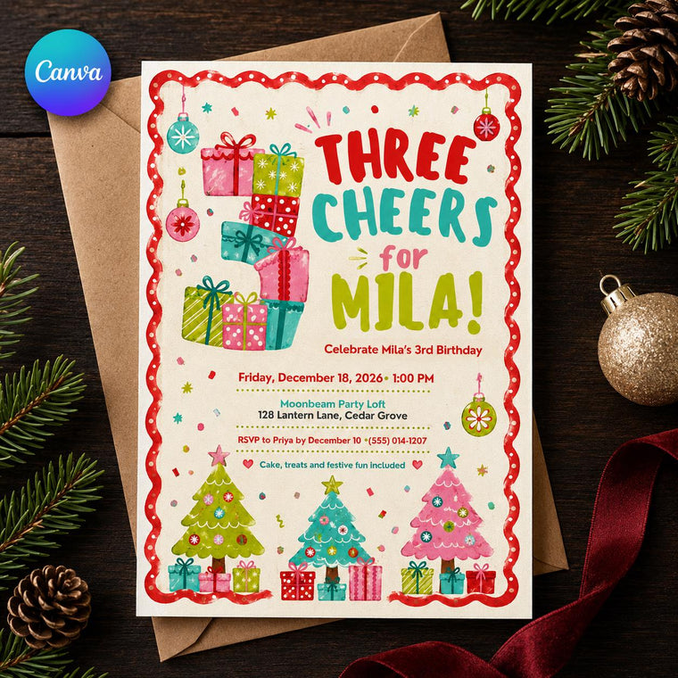 Pink and Colorful Christmas 3rd Birthday Invitation for Girls