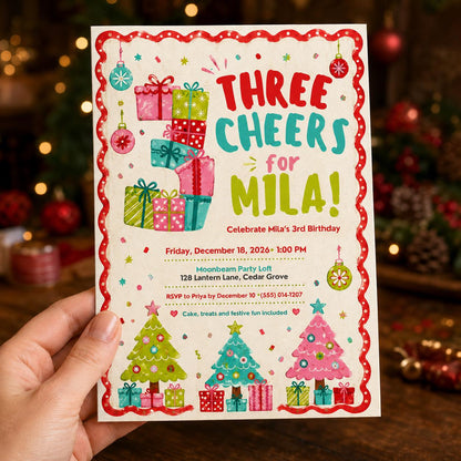 Pink and Colorful Christmas 3rd Birthday Invitation for Girls — print-ready 3rd birthday party design from VoltBy