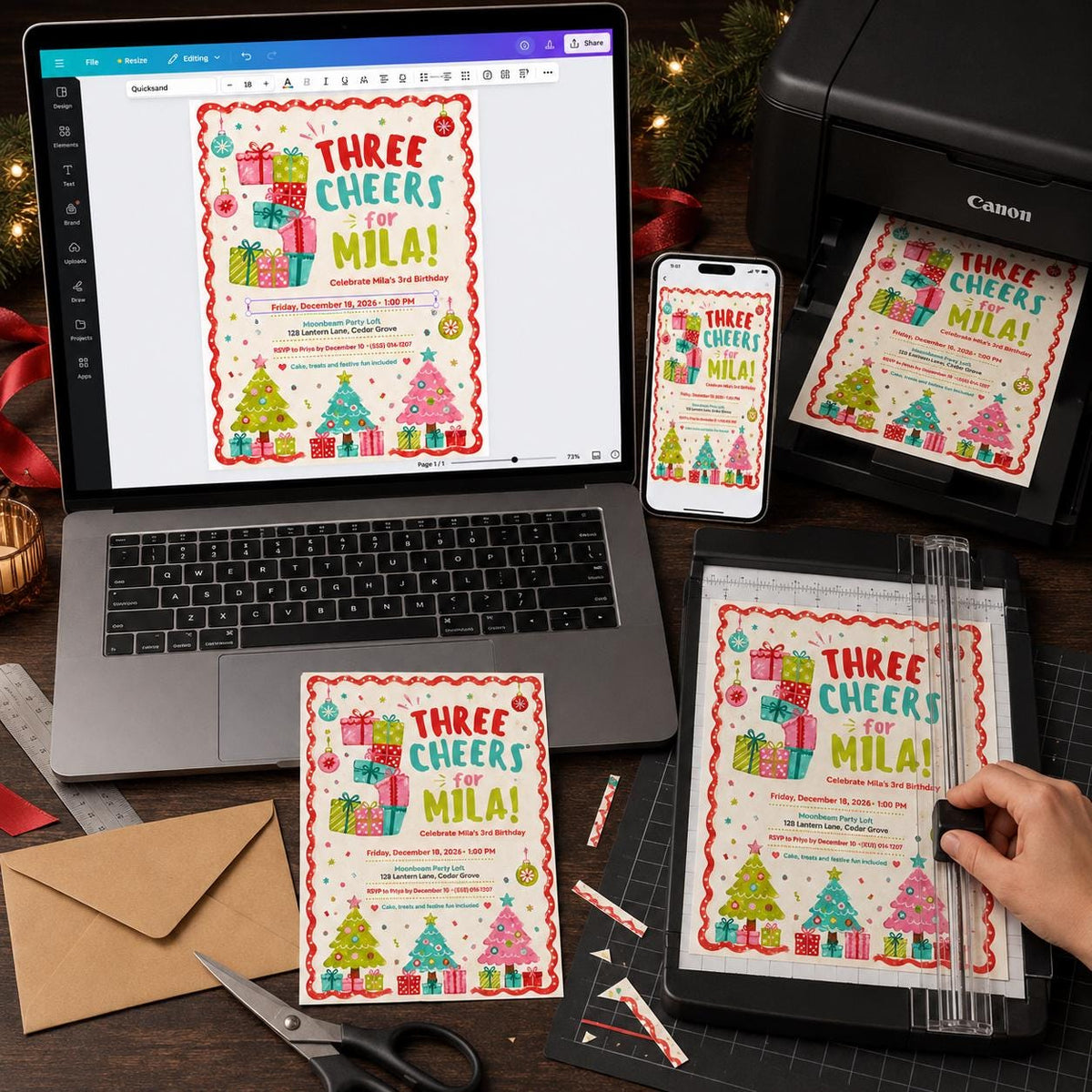 Pink and Colorful Christmas 3rd Birthday Invitation for Girls — digital invitation, instant download