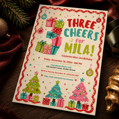 Pink and Colorful Christmas 3rd Birthday Invitation for Girls — 3rd birthday party stationery by VoltBy