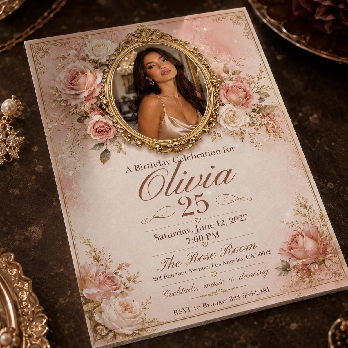 Pink and Gold 25th Birthday Invitation — invitation you personalize in Canva