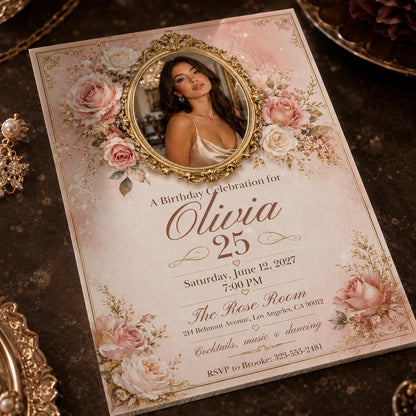 Pink and Gold 25th Birthday Invitation — invitation you personalize in Canva