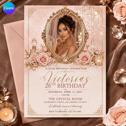 Pink and Gold 26th Birthday Invitation — editable Canva template
